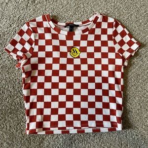 Forever 21 cropped babydoll t-shirt - checkered print with smiley face - size M